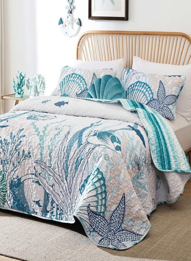 Djoymock Coastal Quilts Bedding Set Queen Size, Summer Green Fish Coral Nautical Bedding Quilt Set with Pillow Cases, Ocean Beach Reversible Bedspreads Coverlet Soft Microfiber Lightweight Comforter - Image 2