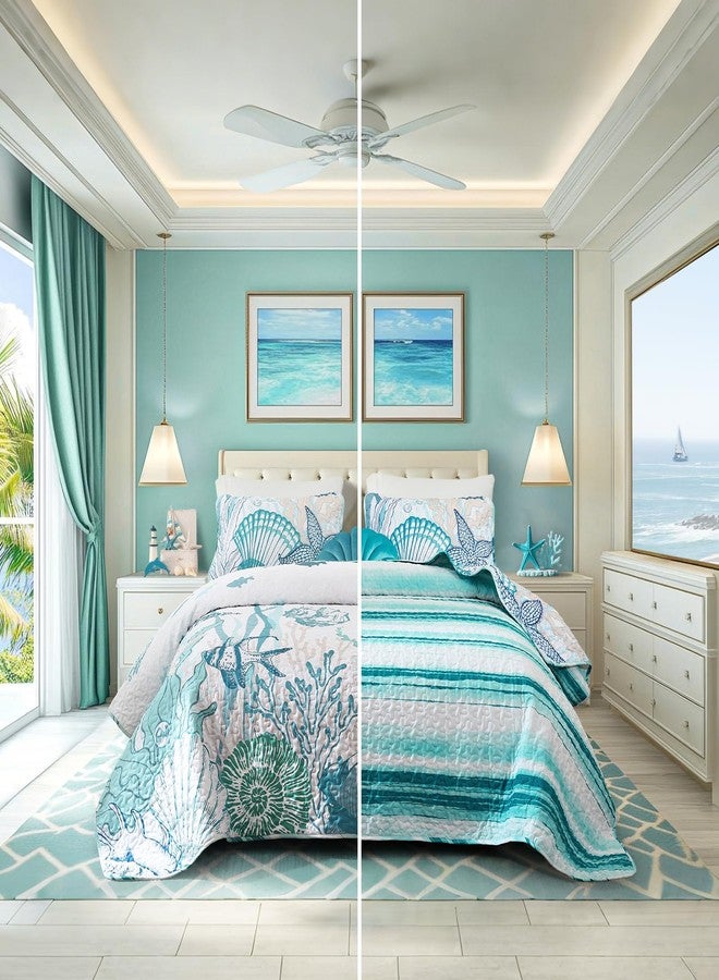 Djoymock Coastal Quilts Bedding Set Queen Size, Summer Green Fish Coral Nautical Bedding Quilt Set with Pillow Cases, Ocean Beach Reversible Bedspreads Coverlet Soft Microfiber Lightweight Comforter - Image 4