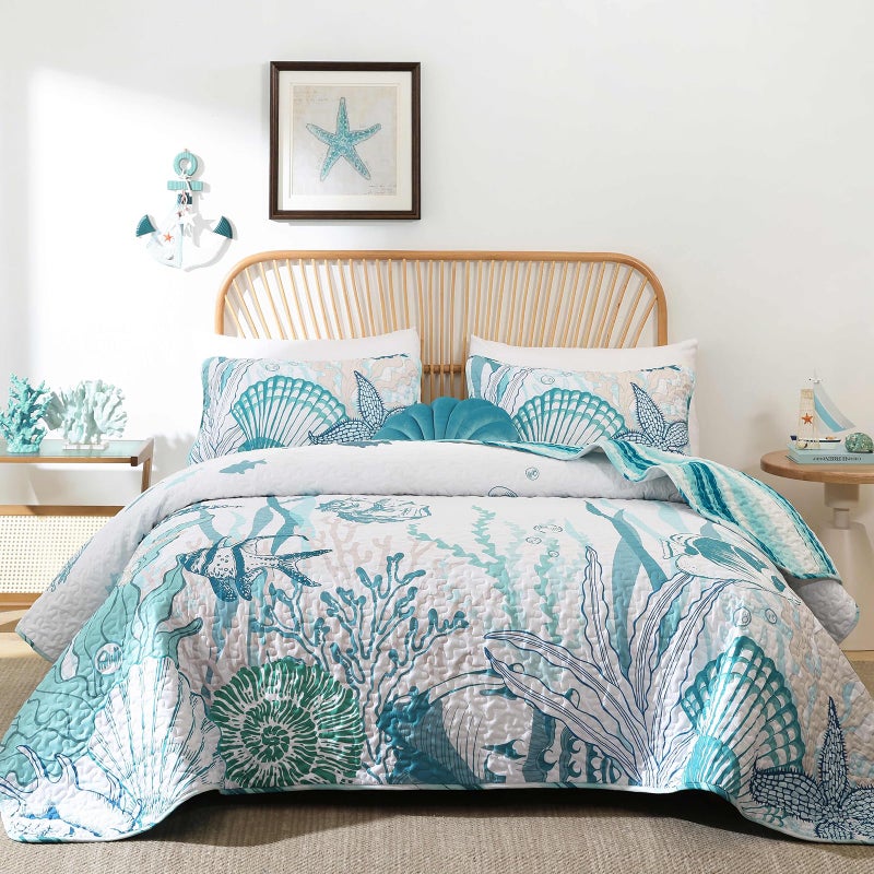 Djoymock Coastal Quilts Bedding Set Queen Size, Summer Green Fish Coral Nautical Bedding Quilt Set with Pillow Cases, Ocean Beach Reversible Bedspreads Coverlet Soft Microfiber Lightweight Comforter - Image 1
