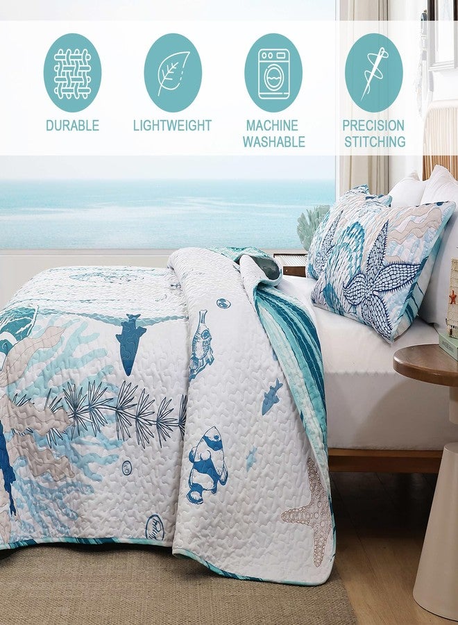 Djoymock Coastal Quilts Bedding Set Queen Size, Summer Green Fish Coral Nautical Bedding Quilt Set with Pillow Cases, Ocean Beach Reversible Bedspreads Coverlet Soft Microfiber Lightweight Comforter - Image 5