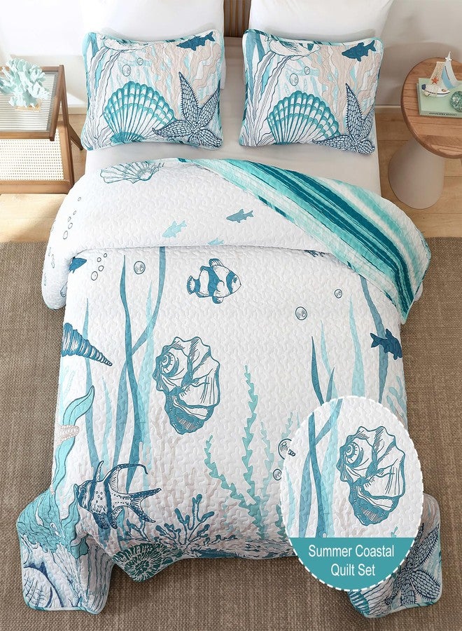 Djoymock Coastal Quilts Bedding Set Queen Size, Summer Green Fish Coral Nautical Bedding Quilt Set with Pillow Cases, Ocean Beach Reversible Bedspreads Coverlet Soft Microfiber Lightweight Comforter - Image 3