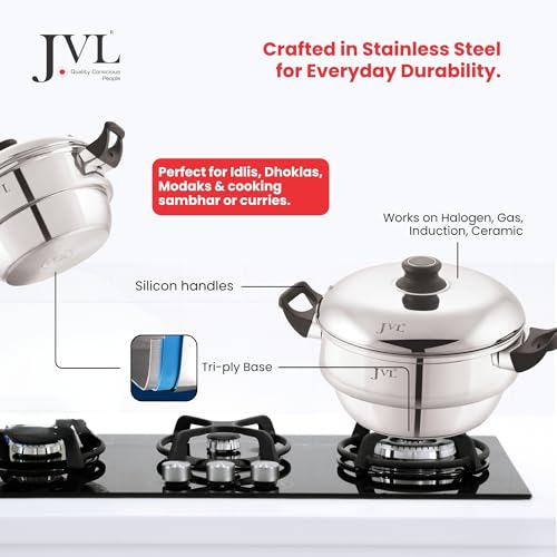 JVL 4-in-1 Classic Idly Pot with Tri-Ply Base, Idly & Mini Idly Maker, Steamer, Converts to Deep Kadai, Cool-Touch Handles, Stainless Steel, Induction Compatible (28 Idlies, 1 Mini Idly) - Image 4