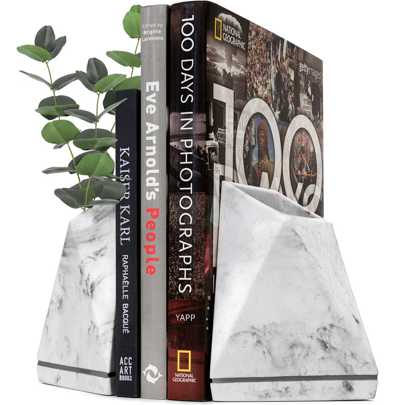 BDECOR Marble Style Bookends  Decorative Heavy Duty Book Holder for Shelves Non Skid Unique Design White