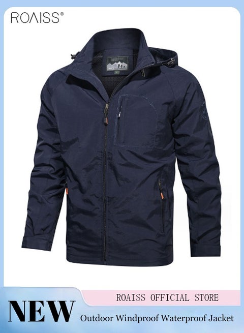 جاكيت رجالي كاجوال مقاوم للماء بسحاب للإغلاق وغطاء للرأس ومقاوم للرياح وجيوب على الجانبين والصدر فضفاض مبطن قابل للتنفس بلون سادة متعدد الاستخدامات كاجوال بغطاء للرأس وأزياء يومية كاجوال للرجال أزرق داكن