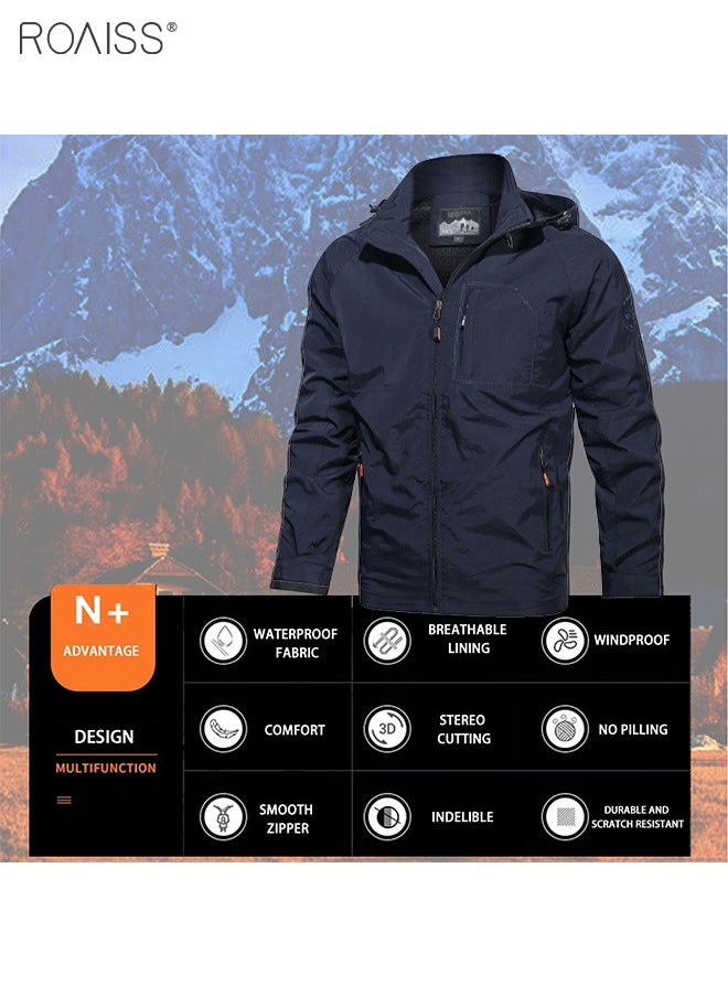 roaiss - Men's Casual Waterproof Jacket Zipper Closure Hood Windproof Coat Pockets at Sides and Chest - Image 1
