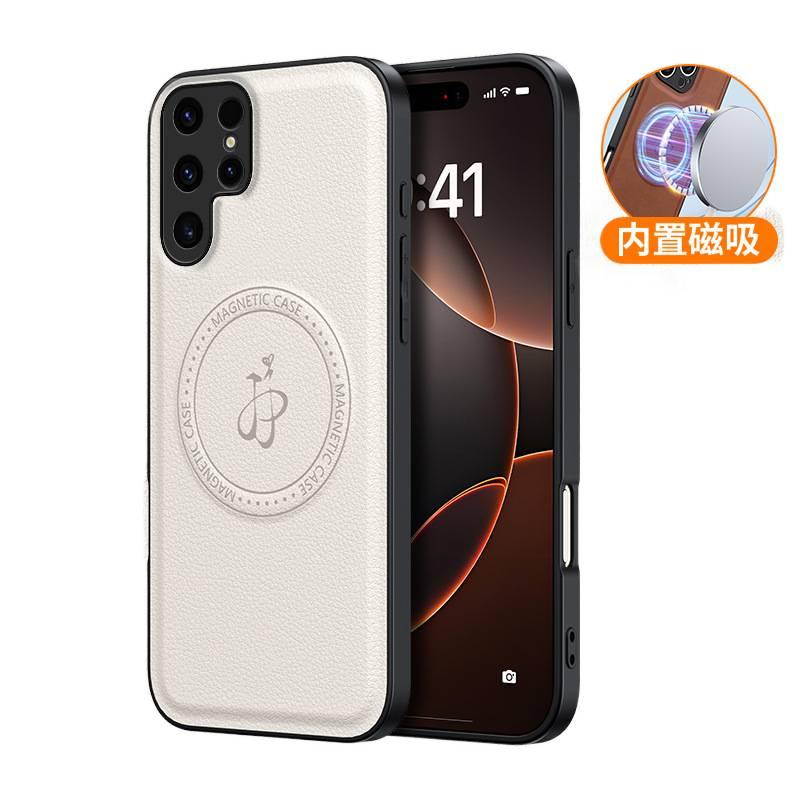 غطاء MagSafe بTPU + PC لـ Samsung Galaxy S24 باللون أبيض مغناطيسي بوظيفة حامل من مادة TPU مع ملمس جلدي ومغناطيس قوي مع مقاوم للصدمات مع حامل قائم مع حماية من السقوط لترتيب الأغراض - Image 1