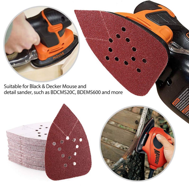 LotFancy 60 Grit Sanding Pads for Black and Decker Mouse Sanders, 12 Holes Hook and Loop Sandpaper - Detail Palm Sander Sanding Sheets, Pack of 50 - Image 4