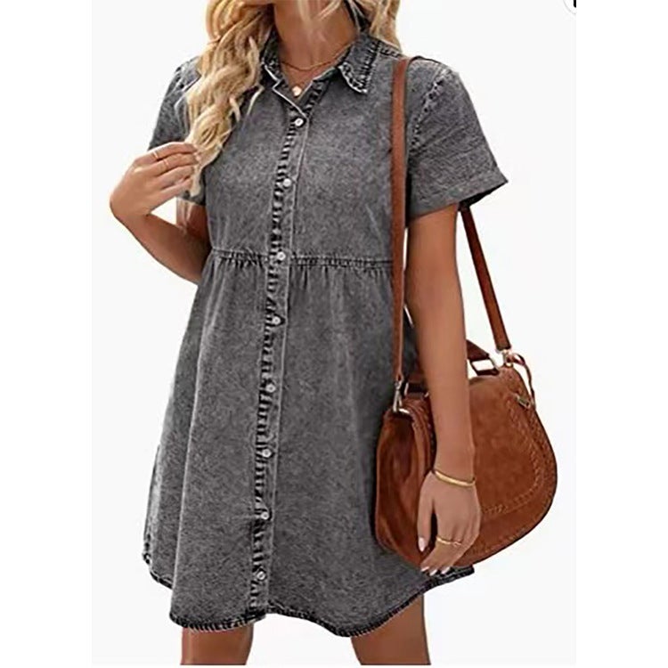 Cross-border Foreign Trade Amazon Europe and America Washed Denim Lapel Loose Sweet Ruffle dress Skirt New Grey