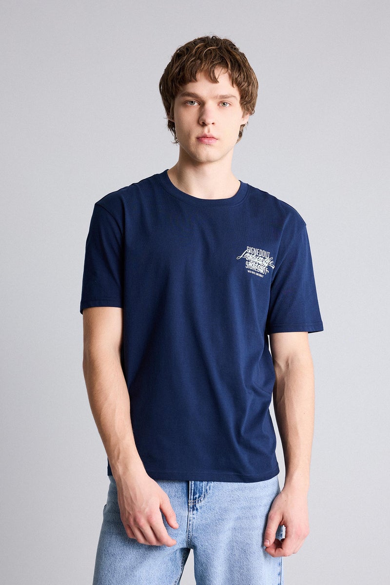 DeFacto Blue Man 100% Cotton Printed T-Shirt Casual - Image 1