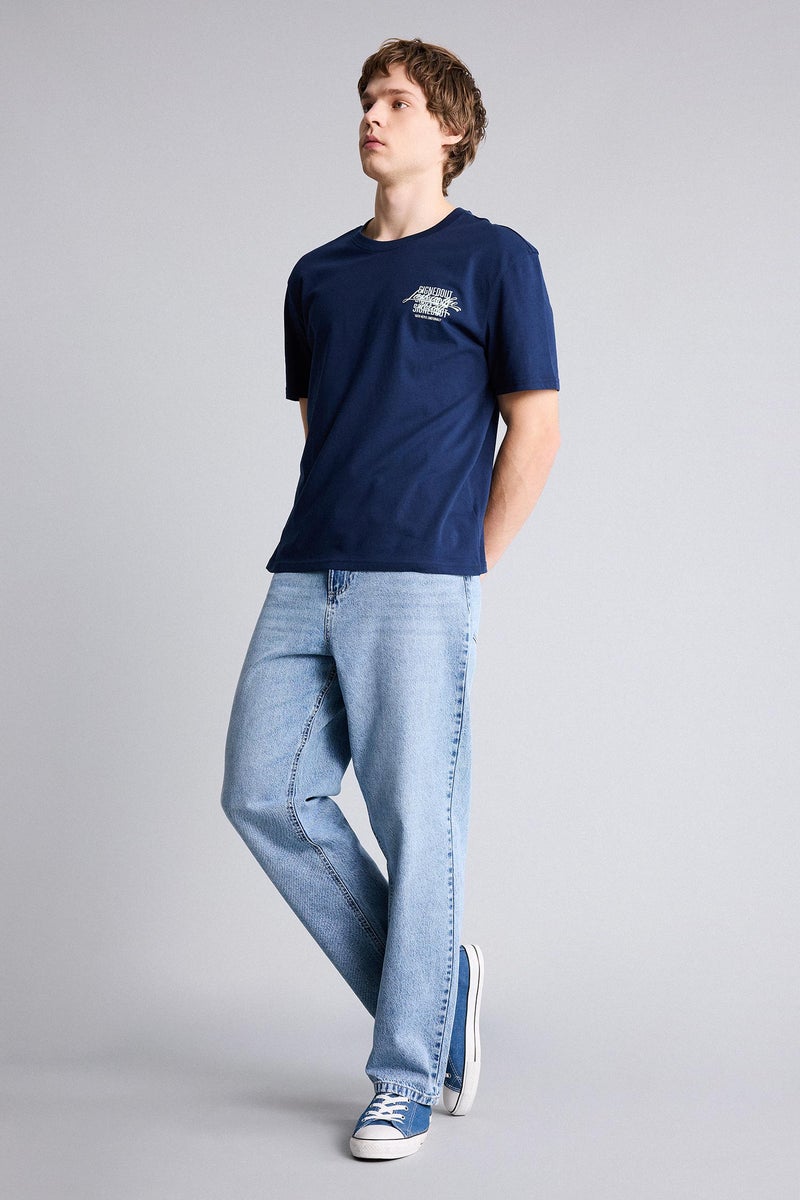 DeFacto Blue Man 100% Cotton Printed T-Shirt Casual - Image 2