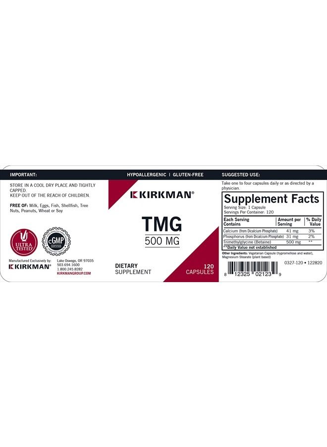 Kirkman TMG 500 mg - Hypoallergenic || 120 Vegetarian Capsules || Trimethylglycine || Gluten Free || Casein Free - Image 3