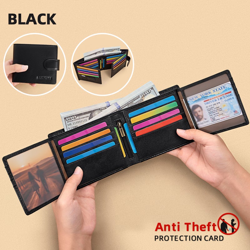 banyanu Genuine Leather Wallet for Men with Snap Snap, Multi-Card Slots, Driver's License Integrated Slim Wallet (Black) - Image 1
