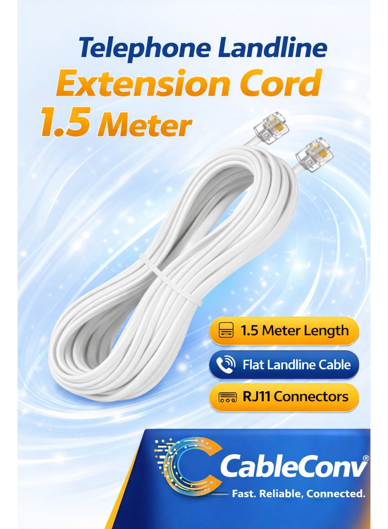 CABLE CONV Telephone Landline Extension Cord 1.5 Meter RJ11 Flat Cable – High Speed & Durable Phone Extension Wire - Image 1