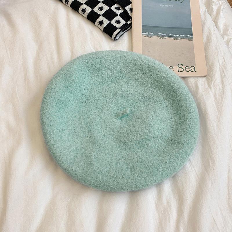 Womens Autumn/winter Korean Style Vintage Candy Color Woolen Beret Hat Self-designed Warm Stylish For Skullies Beanies Light green 