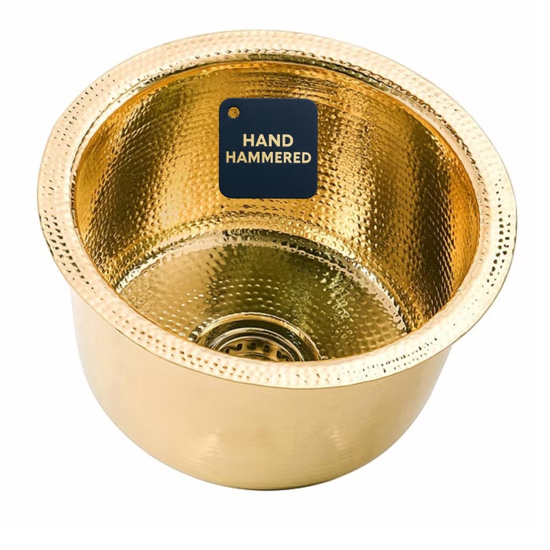 Nantucket Sinks Hand Hammered Unlacquered Brass Bar Sink 15 Small Kitchen Sink for Wet Bar Prep Area Round Single Bowl Drop In or Undermount Handmade Gold Color RS15UB Brightwork - Image 2