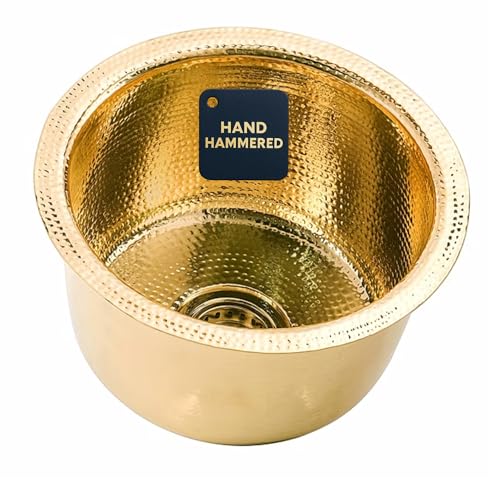 Nantucket Sinks Hand Hammered Unlacquered Brass Bar Sink 15 Small Kitchen Sink for Wet Bar Prep Area Round Single Bowl Drop In or Undermount Handmade Gold Color RS15UB Brightwork - Image 1