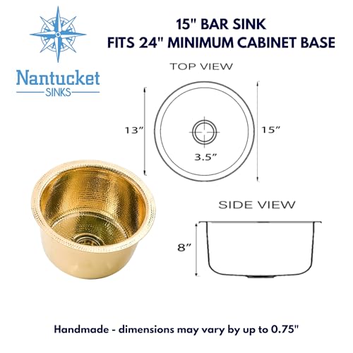Nantucket Sinks Hand Hammered Unlacquered Brass Bar Sink 15 Small Kitchen Sink for Wet Bar Prep Area Round Single Bowl Drop In or Undermount Handmade Gold Color RS15UB Brightwork - Image 3