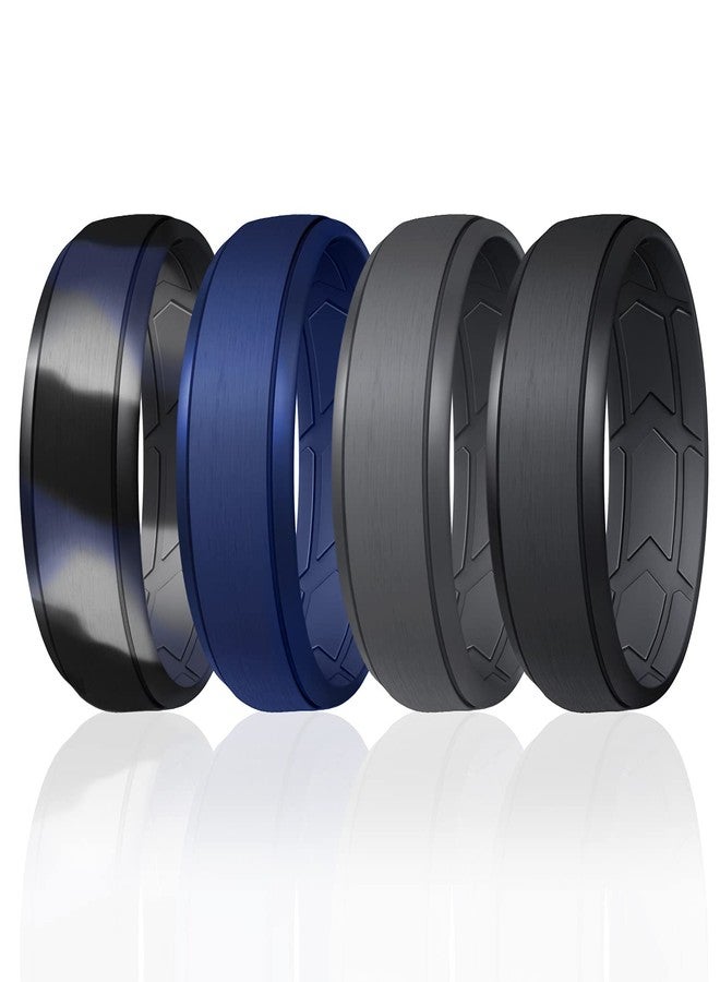 ROQ Breathable Silicone Rings for Men - Inner Arrow Shape Grooves for Enhanced Breathability - Classic Mens Silicone Rubber Wedding Ring Band - Black, Blue, Black-Blue Camo Colors - Size 11 - Image 1