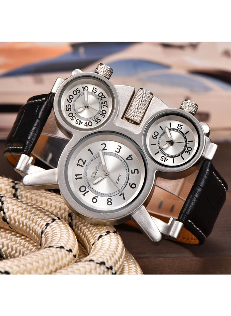 Oulm Oulm 1167 Sports Men Watches 3 Time Zone Travel Casual Leather Strap Wristwatch Luxury Brand Male Clock Military Watch Black Belt -white  - Image 2