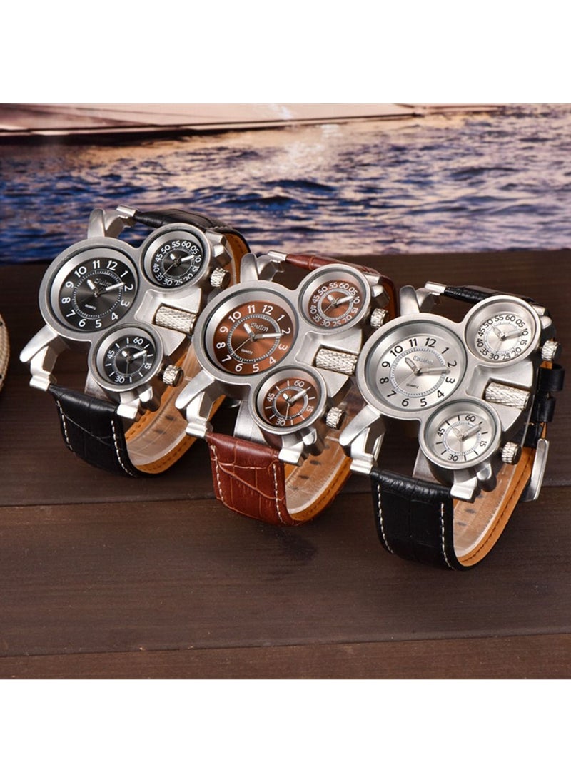 Oulm Oulm 1167 Sports Men Watches 3 Time Zone Travel Casual Leather Strap Wristwatch Luxury Brand Male Clock Military Watch Black Belt -white  - Image 3