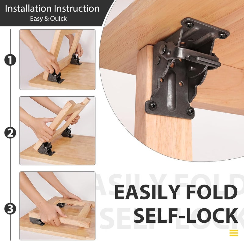 Spiglamm 4 Pack Folding Brackets, Self-Lock Hinge with Screws for Folding Table Legs, Lock Extension Support Bracket Bed Legs, Black - Image 3