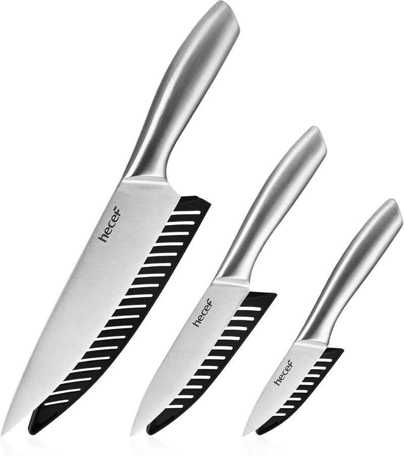 hecef Silver Kitchen knife set of 3, Satin Finish Blade with Hollow Handle, includes 8" Chef, 5" Utility and 3.5" paring knife - Image 1