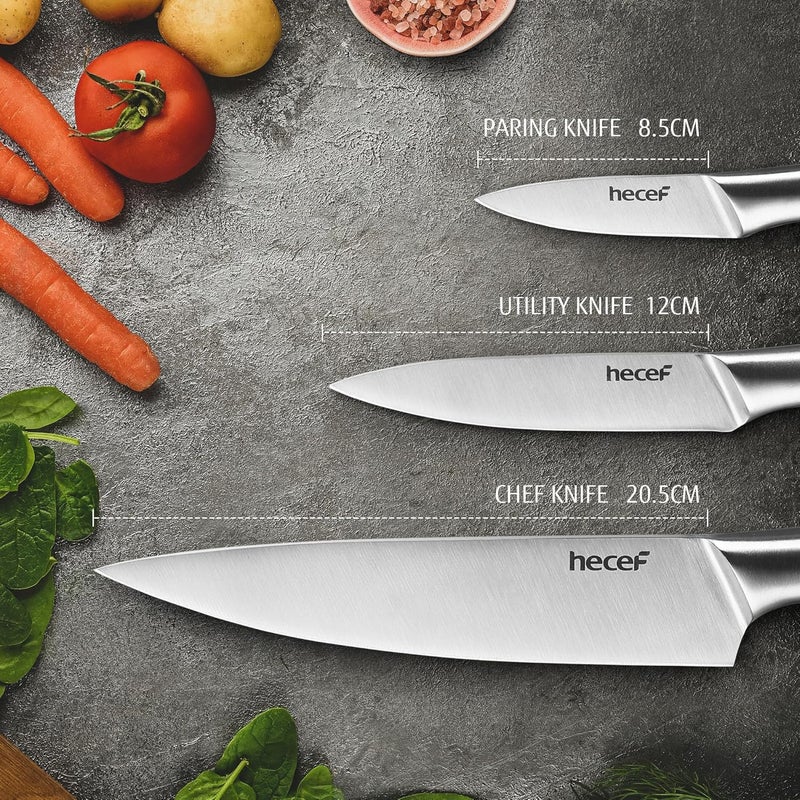 hecef Silver Kitchen knife set of 3, Satin Finish Blade with Hollow Handle, includes 8" Chef, 5" Utility and 3.5" paring knife - Image 3