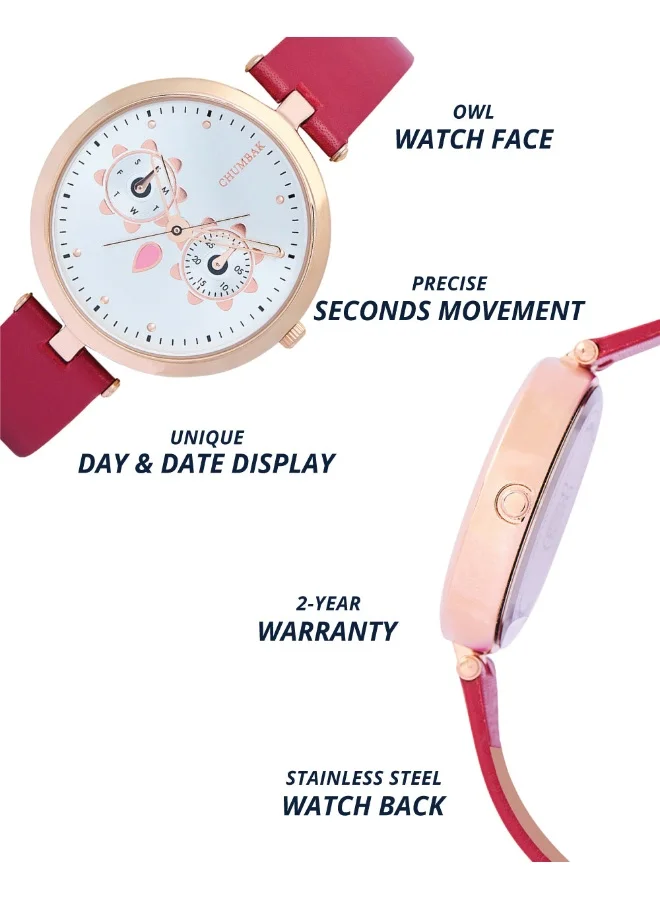 Chumbak Hoot Leather Strap Watch | Maroon Strap
