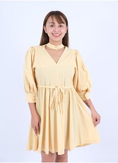 Women’s Pleated Puff Sleeves Mini Dress in Raffia