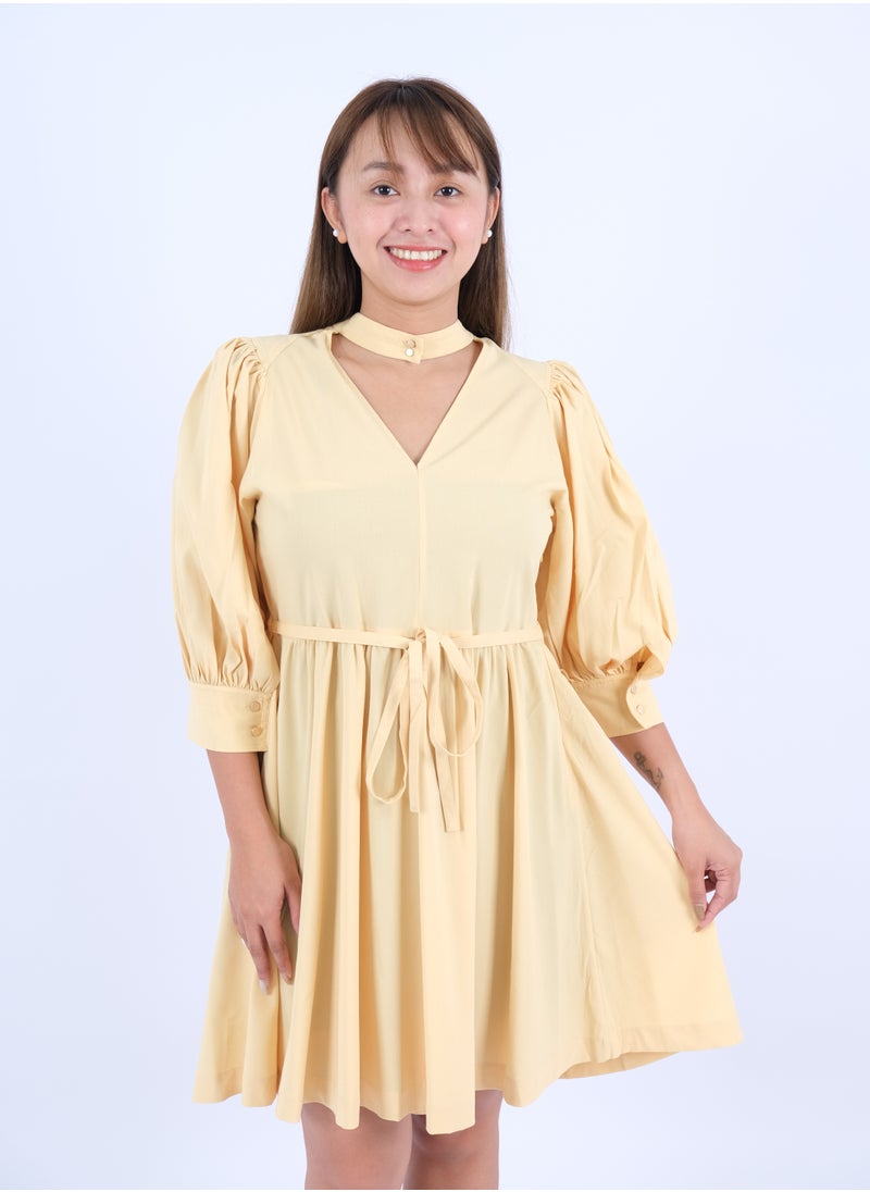 ONLY - Women’s Pleated Puff Sleeves Mini Dress in Raffia - Image 1