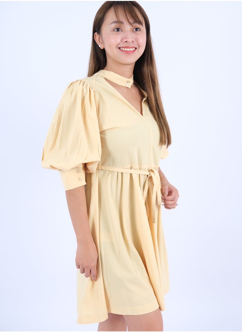 ONLY - Women’s Pleated Puff Sleeves Mini Dress in Raffia - Image 1