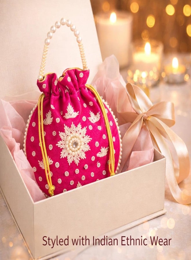 daiDokoro Bridal Potli Bag with Pearl Handle - Hand-Embroidered Wedding Clutch Pouch for Women | Ethnic Indian Drawstring Purse for Brides, Sangeet, Reception, Gifts - Hot Pink - Image 5