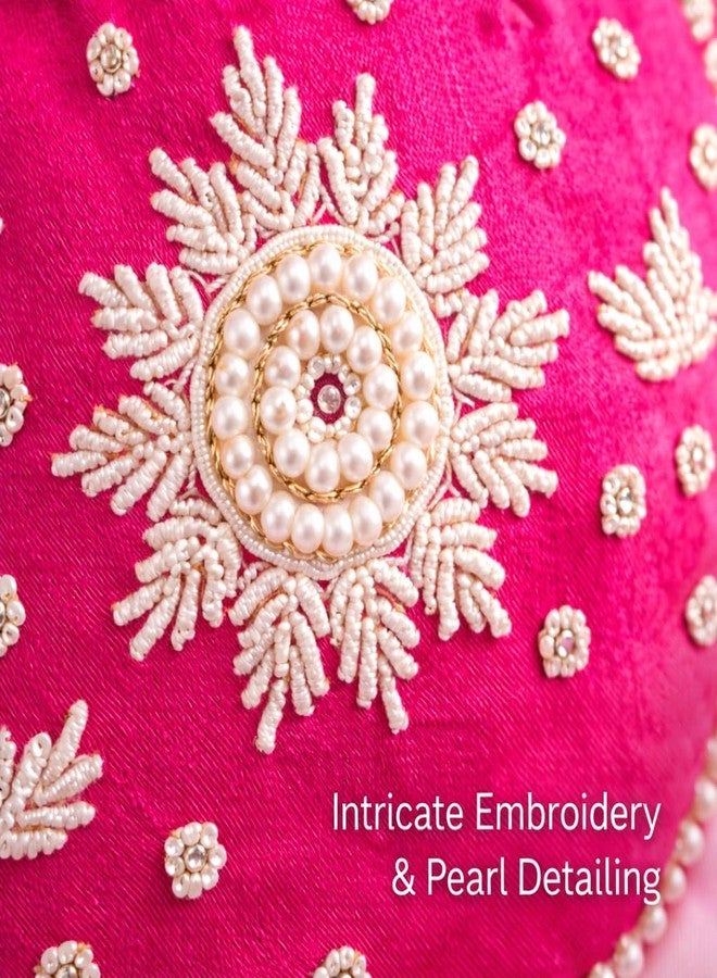 daiDokoro Bridal Potli Bag with Pearl Handle - Hand-Embroidered Wedding Clutch Pouch for Women | Ethnic Indian Drawstring Purse for Brides, Sangeet, Reception, Gifts - Hot Pink - Image 2