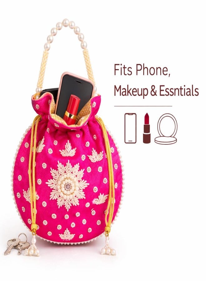 daiDokoro Bridal Potli Bag with Pearl Handle - Hand-Embroidered Wedding Clutch Pouch for Women | Ethnic Indian Drawstring Purse for Brides, Sangeet, Reception, Gifts - Hot Pink - Image 3
