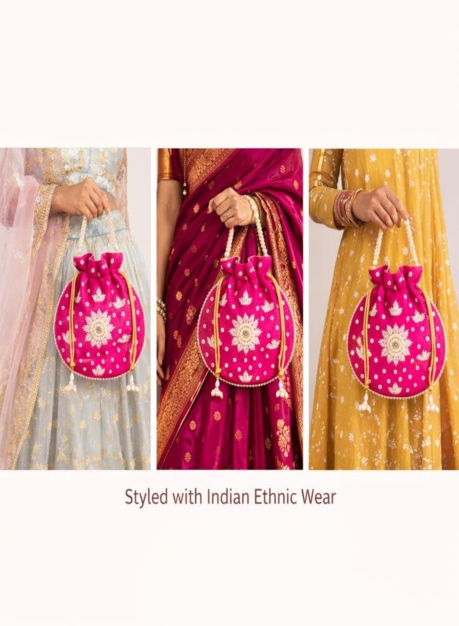 daiDokoro Bridal Potli Bag with Pearl Handle - Hand-Embroidered Wedding Clutch Pouch for Women | Ethnic Indian Drawstring Purse for Brides, Sangeet, Reception, Gifts - Hot Pink - Image 4