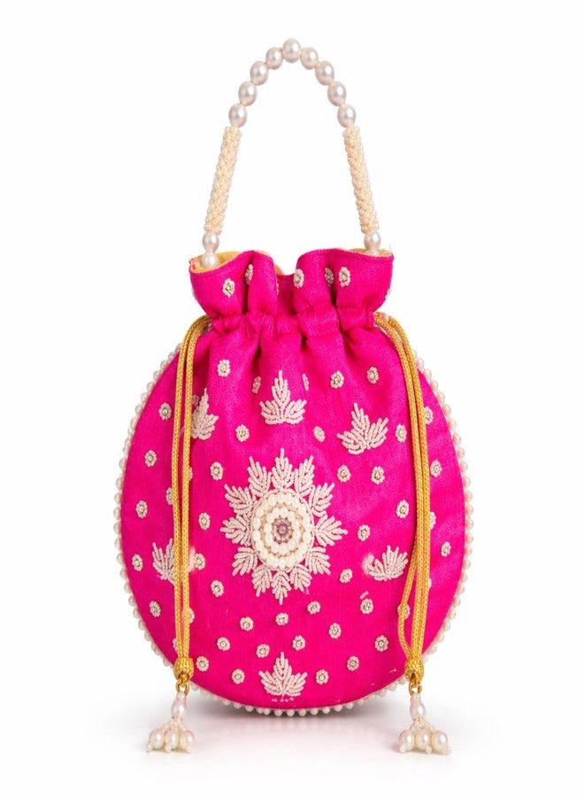 daiDokoro Bridal Potli Bag with Pearl Handle - Hand-Embroidered Wedding Clutch Pouch for Women | Ethnic Indian Drawstring Purse for Brides, Sangeet, Reception, Gifts - Hot Pink - Image 1