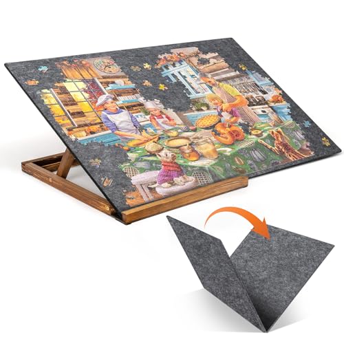 Tektalk Foldable Jigsaw Puzzle Board with 3 Angle Adjustable BracketStand Lightweight Portable Puzzle Mat Plateau with Wooden Easel Foldaway Felt Puzzle Table for Up to 1000 Pieces Dark Gray - Image 1