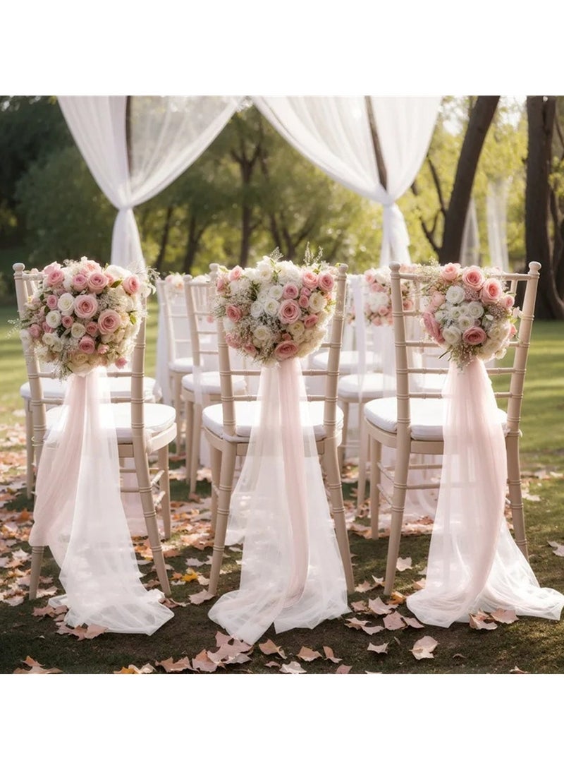 Sheer Fabric Wedding Chair Sashes: 10PCS Tulle Church Chair Cover Long Chair Bows Aisle Drapes Party Decorations (Light Pink - 20*275cm)  - Image 1