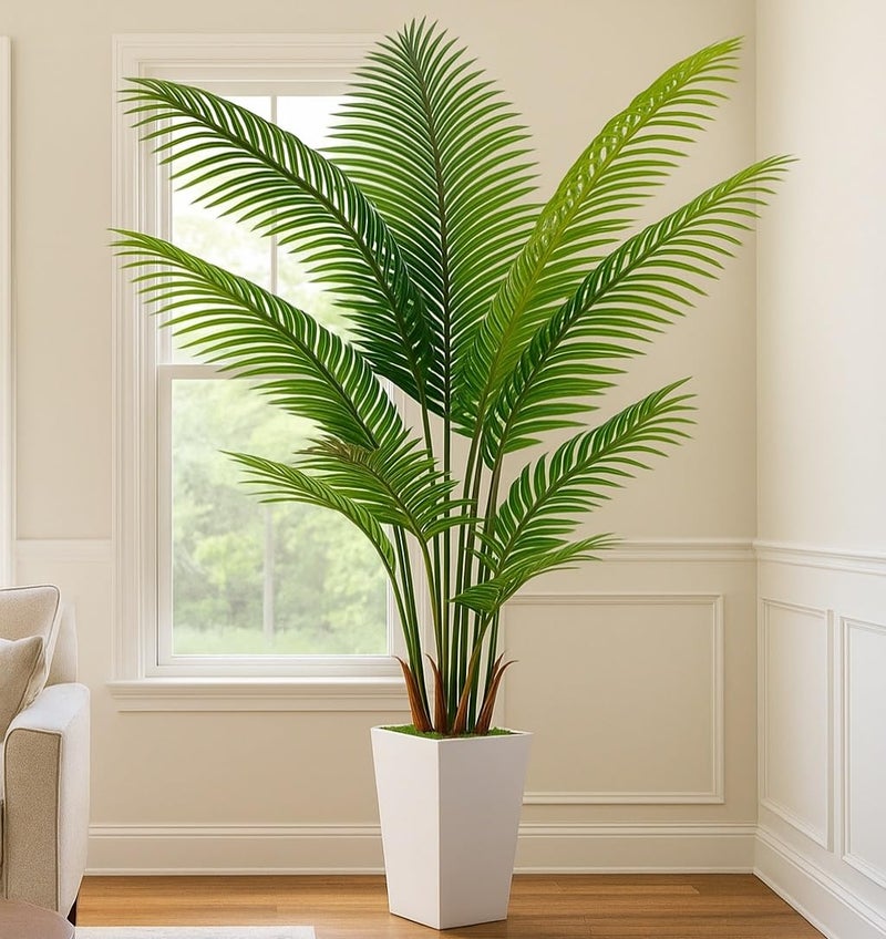 Flydeer 7FT Artificial Palm Tree, Tall Artificial Tree Plants with Fake Plants, Large Faux Plants Indoor with Lifelike Leaves for Outdoor Indoor Home Office Living Room Decor (White) - Image 4