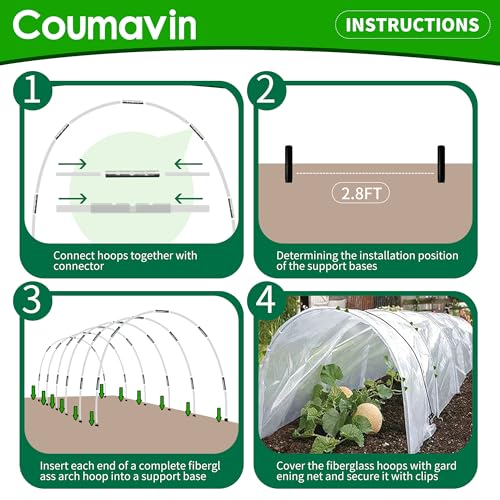 Coumavin 8FT Rust-Free Fiberglass Garden Hoops -72 PCS DIY Grow Tunnel Kit for Raised Beds, Row Cover Support with Connectors/Clips, Sun Shade &Year-Round Plant Protection, White - Image 5
