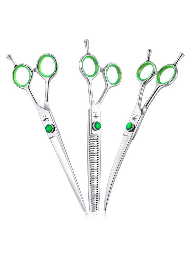 PURPLEBIRD - 7 Inch Straight, Downward Curved Dog Grooming Scissors Set Professional Pet Cutting, Thinning Texturizing Shears Safety Blunt Tip Trimming Shearing Dog Cat Japanese Stainless Steel Silver - Image 1