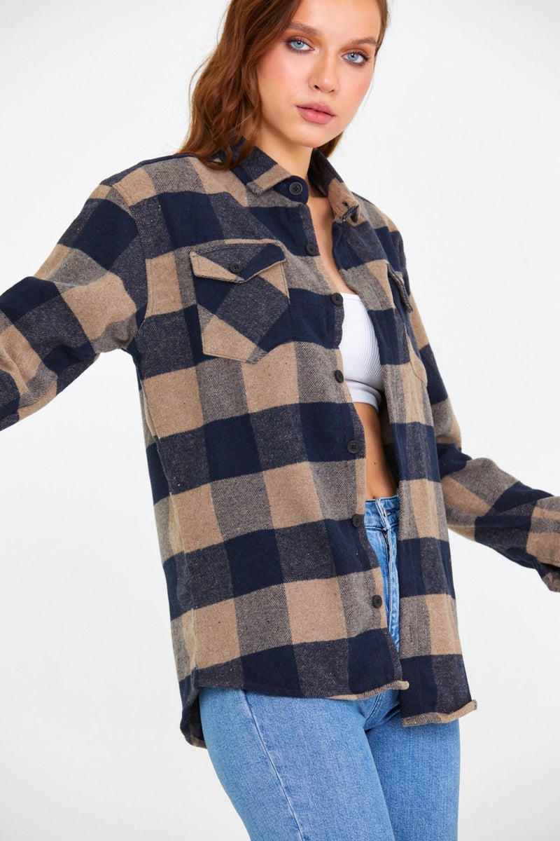 Tarz Cool Style Cool Brown Women's Slim Fit Button-Up Collar Double Pocket Lumberjack Plaid Shirt  - Image 1