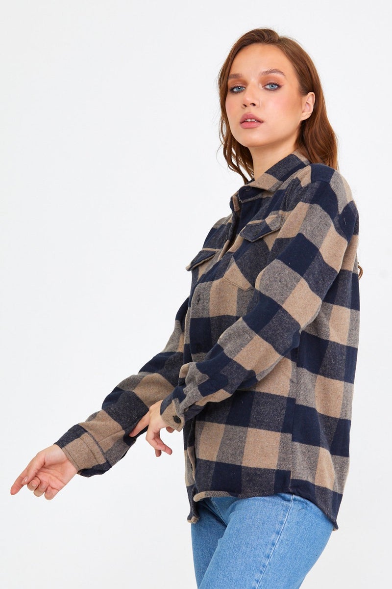 Tarz Cool Style Cool Brown Women's Slim Fit Button-Up Collar Double Pocket Lumberjack Plaid Shirt  - Image 5