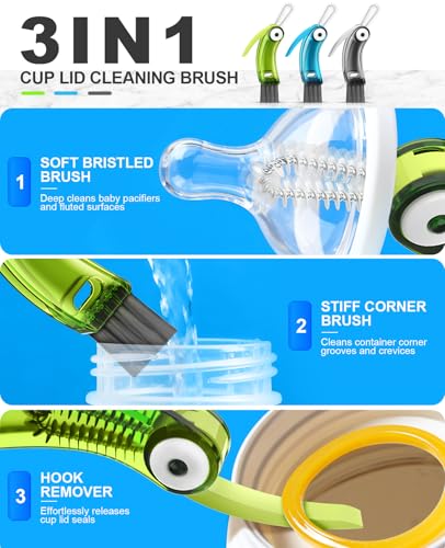 Fwomucl 3 in 1 Cup Lid Cleaning Brush 3 PCS - Home Kitchen Multifunctional Cleaning Brush Set, Gap Cleaner Brushs and Portable Travel Bottle Lid Cleaner Tools (Multicolor) - Image 4