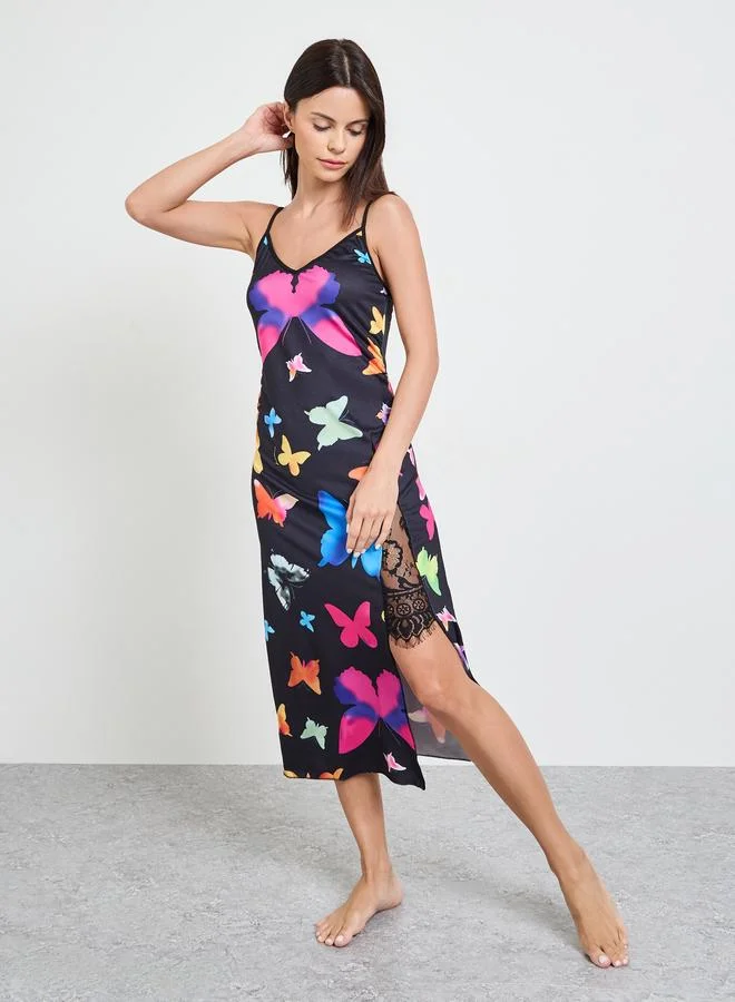 Take Two Black Butterfly Print Lace Trim Slip Dress