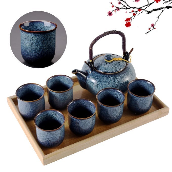 JAPANESE TEA SET FOR 6 KILN ALTERED GLAZE PORCELAIN TEA SET WITH 1 TEAPOT 6 TEA CUPS 1 TEA TRAY UNIQUE CHINESE TEA SETS FOR ADULTSTEA LOVERSWOMENMEN BLUE