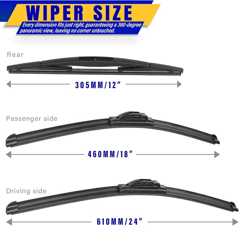 Rooppa 3 wipers Replacement for 2005-2012 Nissan Pathfinder/2005-2015 Nissan Xterra, Windshield Wiper Blades Original Equipment Replacement - 24"/18"/12" (Set of 3) U/J HOOK - Image 2