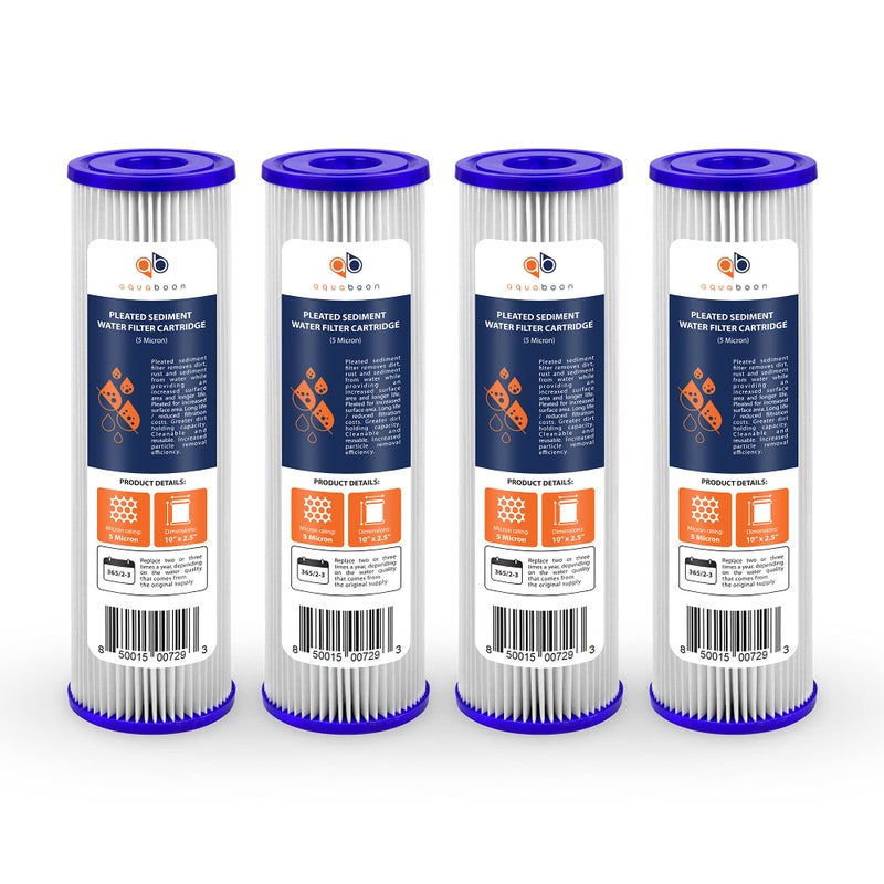 Aquaboon 5 Micron 10x25 Whole House Pleated Sediment Filter Cartridge for Well Water Filter Replacement Compatible with WFPFC3002 WHKFWHPL 4Pack