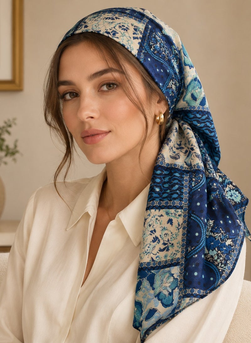 وشاح نسائي مطبوع، سكارف ناعم وخفيف الوزن متعدد الاستخدامات، 160 × 46 سم، أزرق - Image 1