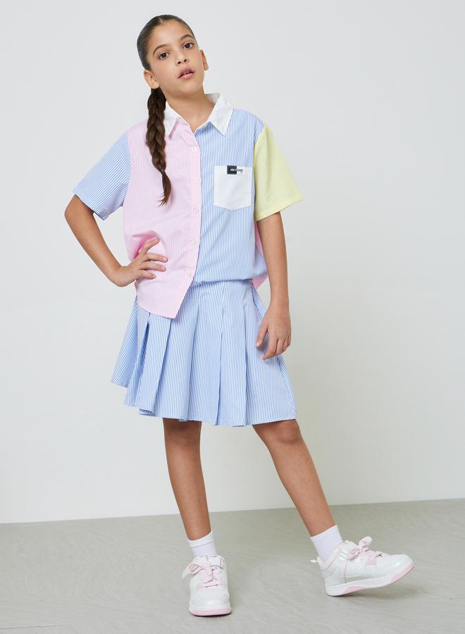 Styli Teens Striped Relaxed Shirt and Pleated Skirt Set - Image 1